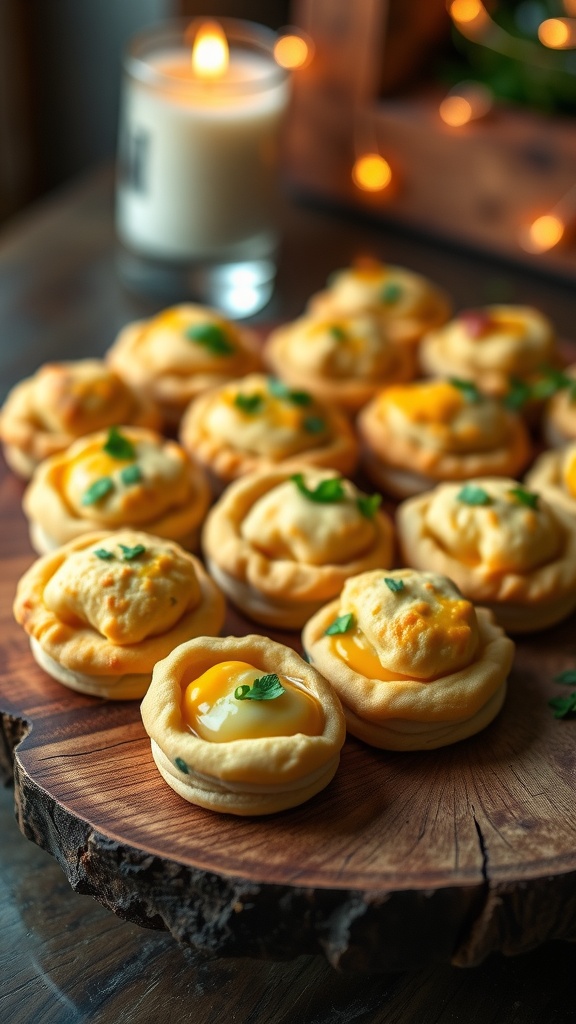 Golden biscuit dough appetizers filled with cheese and herbs on a rustic wooden board.